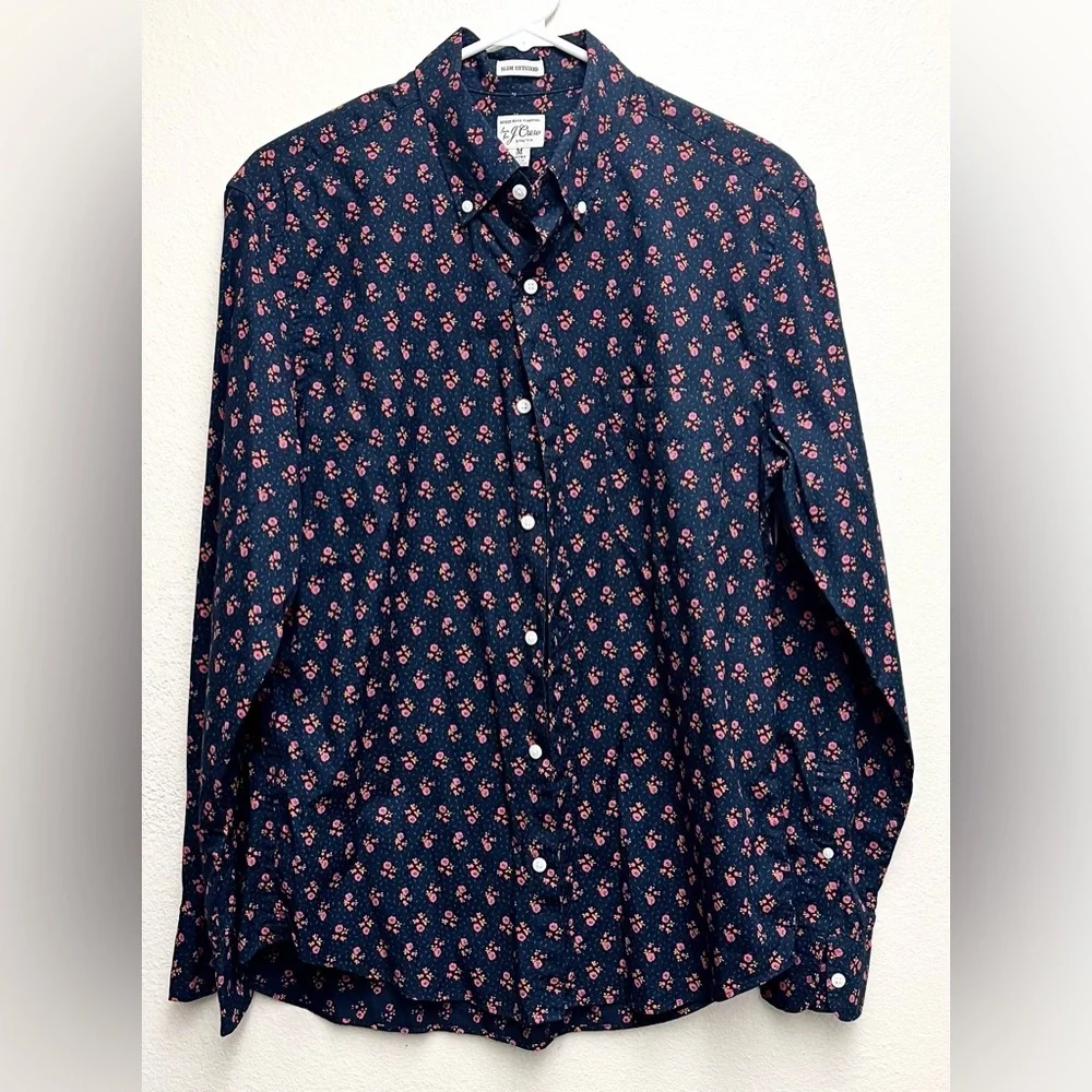 J Crew Shirt Men’s Medium Short Classic Fit Stretch Button‎ Down Floral Blue EUC